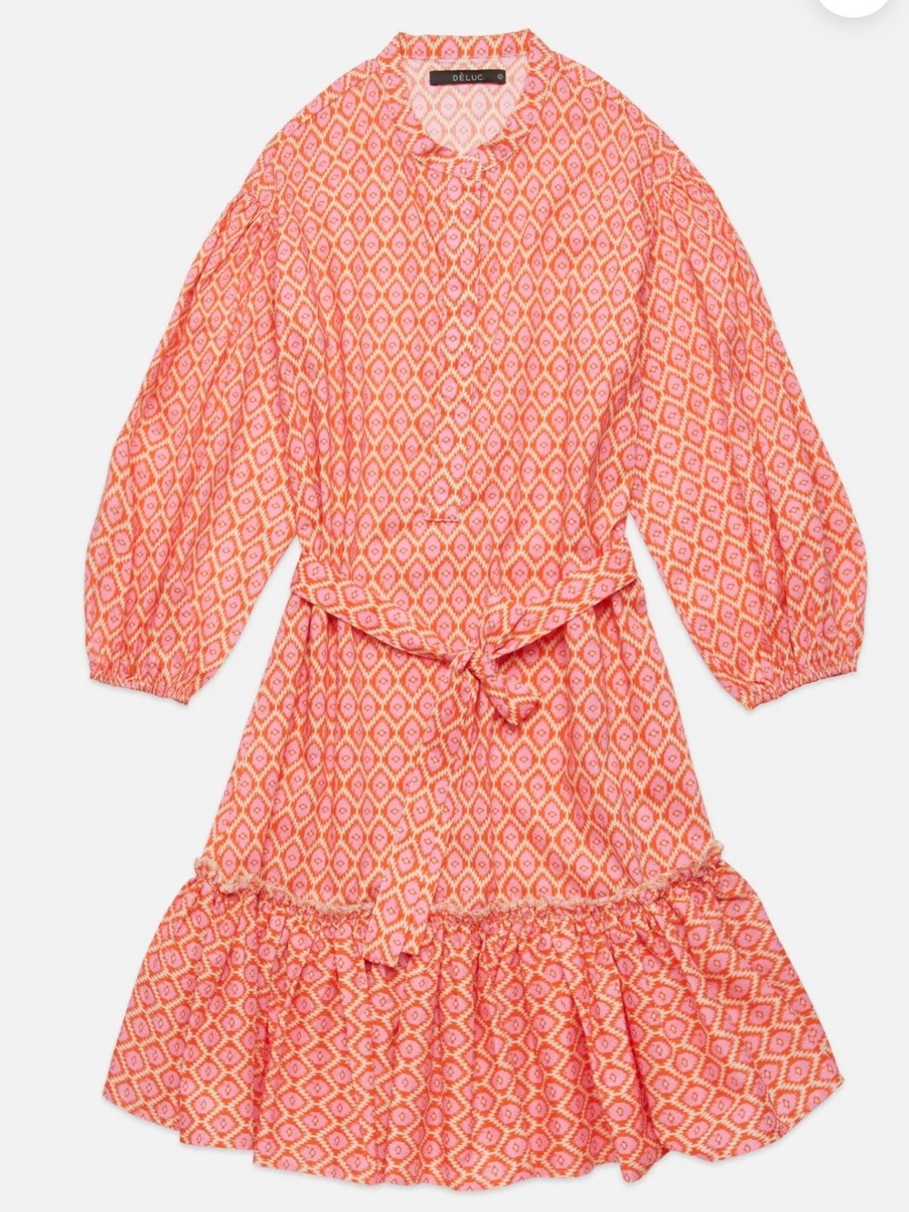 Deluc CRUZ Dress, Pink and Orange Geometric Belted Dress
